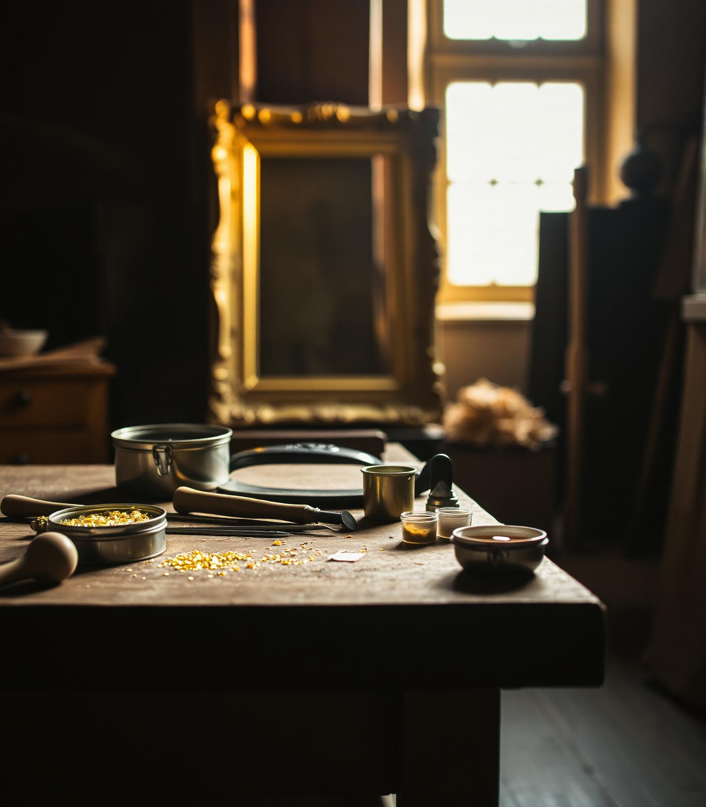 Restaurátorská dílna se zlaceným rámem, nástroji a plátkovým zlatem